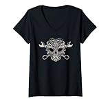 Damen Totenkopf Goth Motorblock Werkstatt Schraubenschlüssel Biker T-Shirt mit V