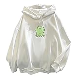 Tekaopuer Niedlicher Kapuzenpullover für Damen, Frosch, Skateboard, Druck, Patchwork, langärmelig, Kordelzug mit Kapuze, Z1-white, 46