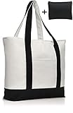 COTTARA Premium Baumwolltasche groß – hochwertige Tragetasche mit Reißverschluss und gratis Polyester Tasche – ideal als Einkaufstasche Shopper Strandtasche – 30 Liter (schwarz weiß, 40x15x38 cm)