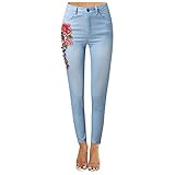 Xmiral Damen Bleistifthose Beiläufig Stickerei Hohe Taille Jeans Skinny Denim Pants (Hellblau, XL)