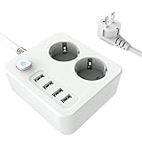 Tate Guard 6-in-1 Reise Mehrfachsteckdose,2-Fach Steckdosenadapter mit 4 USB -Anschlüsse(5V/3.4A),16A/4000W,Steckdosenleiste mit überspannungsschutz,1.8m Verlängerungskabel Reisen Steck