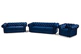 Set 3-Sitzer + 2-Sitzer + Sessel Chester! Holz Wellenfedern Schaum Gewebe (Blau)