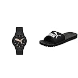 PUMA Damenuhr Reset 3-Zeiger-Werk Polycarbonat schwarz + Unisex-Erwachsene Purecat Dusch und Badeschuhe, Schwarz (Black-White), 43 EU