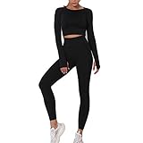 OEAK Damen Sportanzüge Jogginganzug Sport Sets Hosen und Sport Crop Top 2 Stücke Bekleidungssets Yoga Outfit Freizeitanzug Sportswear,Schwarz,M