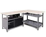 Ondis24 Werkstatt-Set Ecklösung Sparfuchs, 2x Werkbank aus Metall, melaminbeschichtete Arbeitsplatte, Problemlöser für Ecke (180x120, Schwarz)