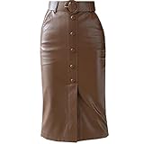 TWDYC Eleganter High Waist Leder Bleistiftrock Damen Einreiher Gürtel Split Röcke (Color : Khaki, Size : XXL Code)