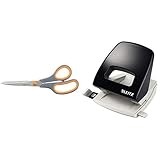 Amazon Basics Schere mit weichem Griff, 20 cm, Titan-Scherenblätter, 1 Stück & Leitz Locher, 25 Blatt, Anschlagschiene mit Formatvorgaben, Metall, NeXXt, Schwarz, 50050095