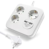 ExtraStar 3-Fach Steckdosenleiste mit 2 USB Ladegerät(5V/2.4A) und Flacher Stecker,Strom Sparen Mehrfachsteckdose mit Kindersicherung,1.5m,Weiß