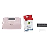 Canon Selphy CP1300 Fotodrucker 10x15 cm (mobiler Drucker, WLAN, USB, 300x300 DPI, optionaler Akku), rosa & KC-18 is 5 x 5cm Sticker-Papier für Selphy Druck