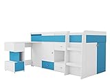 Mirjan24 Etagenbett mit Schreibtisch Tojer TR21, Hochbett mit 5 Schubladen, Fächer und Kleiderschrank, Modern Bett für Kinderzimmer, Kinderbett (Weiß Lux/Türkis)