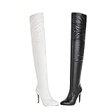 Hohe Stiefel für Damen Herbst Winter Durable Stilvolle Kurze Plüsch Gefüttert Stiletto Oberschenkel Hohe Overknee Stiefel Schwarz Weiß