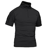 KEFITEVD Taktisch Shirt Herren Kurzarm Militär T-Shirt Stehkragen Atmungsaktiv Tactical Hemd Airsoft Uniform Arbeitsshirt Outdoor Schwarz M