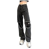 BALABUE Damenmode Freizeitjeans High Waist Slim Straight Street Trend Persönlichkeit Print Casual Jeans Lässige Lose Loch Weites Bein Jeanshosen Langer Bootcutjeans（Schwarz,M