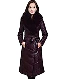 Damen Winter Leder Pelzkragen Langer Parka Mantel Und Abnehmbare Plüschjacke Windjacke (Color : Crimson collar, Size : Medium)