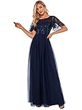 Ever-Pretty Damen Abendkleid A-Linie Spitze Kurze Ärmel Partykleid lang Navy blau 52