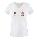 EM 2016 - Trikot - EM 2016 - Polen - 9 - Damen V-Neck T-Shirt - Weiss/Rot-Gold Gr. S