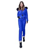 Damen Skiijacke, Extrem Warm Kapuzenjacke- All in One Teilig Schneeanzug: Skianzug Winter Jumpsuit mit Kunstfellkapuze Snowboardinganzug Verdichtete Winterjacke für Skifahren Einteiliger Skiijack