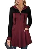 Gaharu Strick Kapuzenpullover Damen V-Ausschnitt Locker A-Linie Damenoberteile Baumwolle Lässige Farbblock Frauen Longpulli Kapuzen Langarm Bluse Sweatkleid Plissee Reißverschluss Multi-Wein, M
