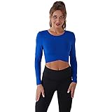 Damen Herbst Langarm Crop Tops Workout Athletic Gym Shorts Loose Gym Running Yoga Shirts Athletic Short Casual ÜBung T-Shirt (S,Blau)