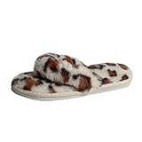 Frauen Hausschuhe, Frauen Leopard Cross Band Weiche Plüsch Flauschige Hausschuhe Open Toe Warme Schlafzimmerschuhe Plüsch Pantoffeln mit Weiche Memory Foam Slippers Winter Indoor/Outdoor R