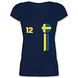 Fussball WM 2022 Fanartikel - 12. Mann Schweden Emblem - XXL - Dunkelblau - V-Neck - XO1525 - Damen T-Shirt mit V