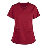 Sonojie Kasack Damen T-Shirts, Lady-Fit T-Shirt Bunt Pflege große größen mit Herz Motiv Weihnachten T-Shirt Schlupfkasack mit Taschen Kurzarm V-Ausschnitt Schlupfhemd Berufskleidung Krankenpfleg