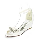 Gycdwjh Fischmaul Brautschuhe, Bridal Brautschuhe Satin Asakuchi Rhinestones Keilabsatz Absatzhöhe 6,5 cm Hochzeitsschuhe Ist die perfekte Wahl für Brautschuhe,Ivory White,39 EU