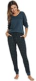 Vlazom Schlafanzug Lang zweiteiliger Damen Schlafanzug Damen winter Pyjama mit karierter Hose Langarm Pyjama Set(M,Stil A-Grün)