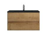 Badezimmer Badmöbel Set Angela 90 cm - Schwarzes Waschbecken - Eiche - Unterschrank Schrank Waschbecken W