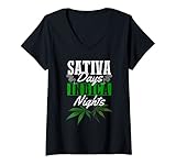 Damen Sativa Days Indica Nights Weed Marihuana Smoker Stoner Geschenk T-Shirt mit V