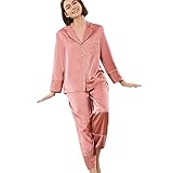 WAWY Damen Pyjama-Set aus echter Seide Nachtwäsche mit V-Ausschnitt Langarmshirt mit Hose Nachtwäsche für Mädchen Damen,Rosa,L