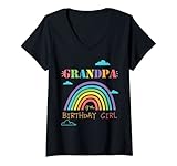 Damen Grandpa Of The Birthday Girl Rainbow Theme Matching Family T-Shirt mit V