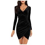 Tusjkm Langarm Wickelkleid Kurz Winter Kleid Damen Hüftrock Elegant Partykleid V Hals Festliche Kleider für Damen Weihnachtskleid Kleider Damen Festlich (Schwarz)