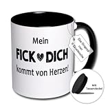 CR Photography Lustige Kaffee - Tasse mit Spruch Mein Fick Dich kommt von Herzen - Kaffeetasse, Teetasse, Witzige Tasse (Schwarz-Weiße Tasse inkl. schwarzem Tassendeckel)