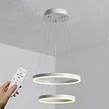 Moderne LED Pendelleuchte, 2 Ringe aus weißer Farbe, Pendelleuchte, dimmbar, 2700 K-6500 K, mit Fernbedienung - 46 W