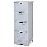 COSTWAY Badezimmerschrank mit Schubladen, Nachtkommode weiß, Bad Midischrank, Badkommode freistehend, Beistellschrank für Badezimmer, Wohnzimmer und Büro (4 Schubladen，Grau)