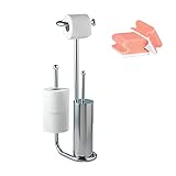 WENKO Stand Toilettenbürste Universalo Chrom, Toilettenpapierhalter, WC-Bürstenhalter, Ersatzrollenhalter aus verchromtem Stahl zum Aufstellen, inklusive WC-Bürste, mit Gratis 2er Set Schw