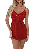 Damen Sexy Dessous, Nachtwäsche, Spaghettiträger, Spitze, ärmellos, Slip-Kleid, weiches Camisole Schlafkleid, A-Wine Red, 46