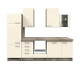 RIWAA - Küchenzeile BELFAST - Küchen-Leerblock ohne Elektrogeräte - mit Kühlschrank-Umbauschrank - 8-teilig - Breite 280 cm - Creme Samtmatt/Eiche Dek