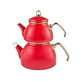 Karaca Retro Emaille Teekannen- Set, Rot, Induktion, Teekocher, Wasserkocher, Teeaufguss 1,1L, Wasserkanne 2,3L, Türkische Teekanne, Tea Maker, Caydanlik, Demlik