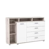 FORTE Beach Kommode mit 1 Tür, 4 Schubkästen und offenen Fächern, Holzwerkstoff, Sandeiche/Weiß, 153,1 x 99,8 x 41,3