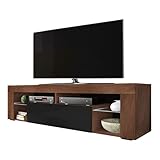 Selsey BIANKO – TV-Lowboard/TV-Schrank in Holz-Optik Nuss Caravaggio mit Klappe in Schwarz Hochglanz Stehend 140