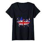 Damen London Skyline Union Jack Flagge GB Ich Liebe England Fahne T-Shirt mit V