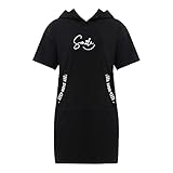 iiniim Mädchen Sweatshirt Hoodie Kapuzenpullover Kleid Kurzarm Sweatkleid Fitness Laufen Workout Tennis Kleidung Schwarz 146-152