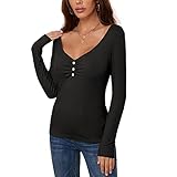 Herbst Und Winter Casual Fashion Damen V-Ausschnitt Einfarbig Langarm Slim T-Shirt Shirt DREI KnöPfe Dekoratives Boden T-Shirt Eng Anliegendes Pullover Top D