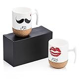 Love-KANKEI MR MRS Tassen Kaffeetassen Hochzeitsgeschenk Kaffeebecher Set, Korkboden Design Keramik 300ml, Hochzeit Valentinstag Weihnachten Ehepaar F