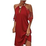Damenkleid mit Spitze, kurzärmelig, Rundhalsausschnitt, lange Kleider, lockeres Kleid, Party, elegant, UK-Größe, rot, XL