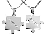 Hanessa 2 Stück Personalisierte Kette mit Gravur Edelstahl 50 cm mit Anhänger Puzzle Teil in silber | Personalisierte Geschenke für Damen Herren Freundin Freund | Partner Halskette für Sie und I