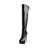 Only maker Damen Overknees Plateau Stiefel mit hohem Schaft Stiletto Absatz Reißverschluss Lederimitat Schwarz 38 EU