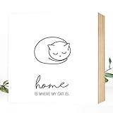 Wunderpixel® Holzbild Home is where my Cat is - 15x15x2cm zum Hinstellen/Aufhängen, echter Fotodruck mit Spruch auf Holz - schwarz-weißes Wand-Bild Aufsteller zur Dekoration/als Geschenk